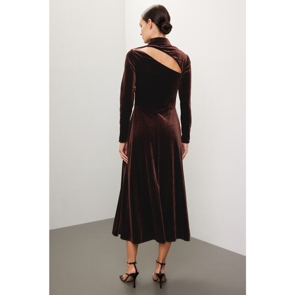 Rene Ruiz Brown Velvet Long Sleeve Cut Out Midi Cocktail Dress Size 0 - Picture 3 of 15